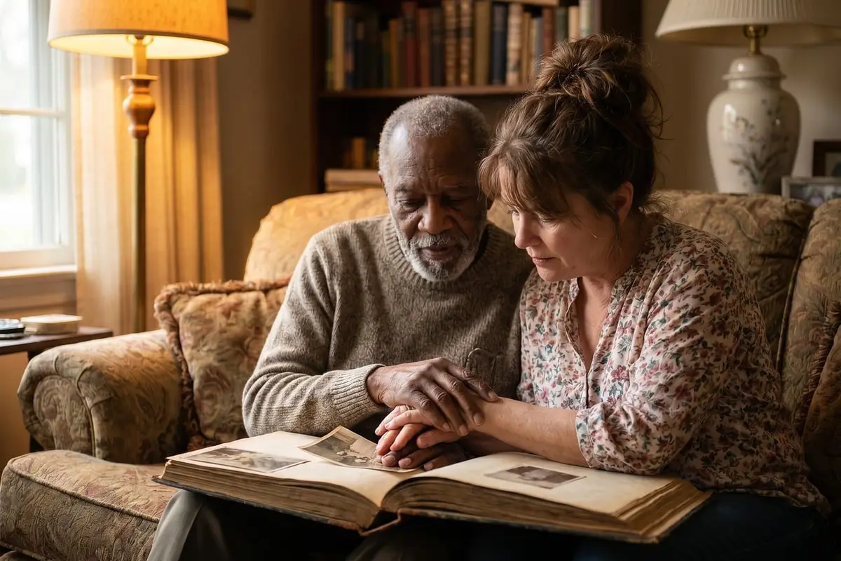 A couple looking through a family photo album together