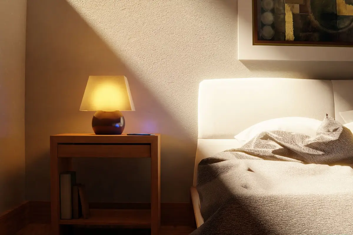 A bedside lamp glowing in a dark bedroom at night