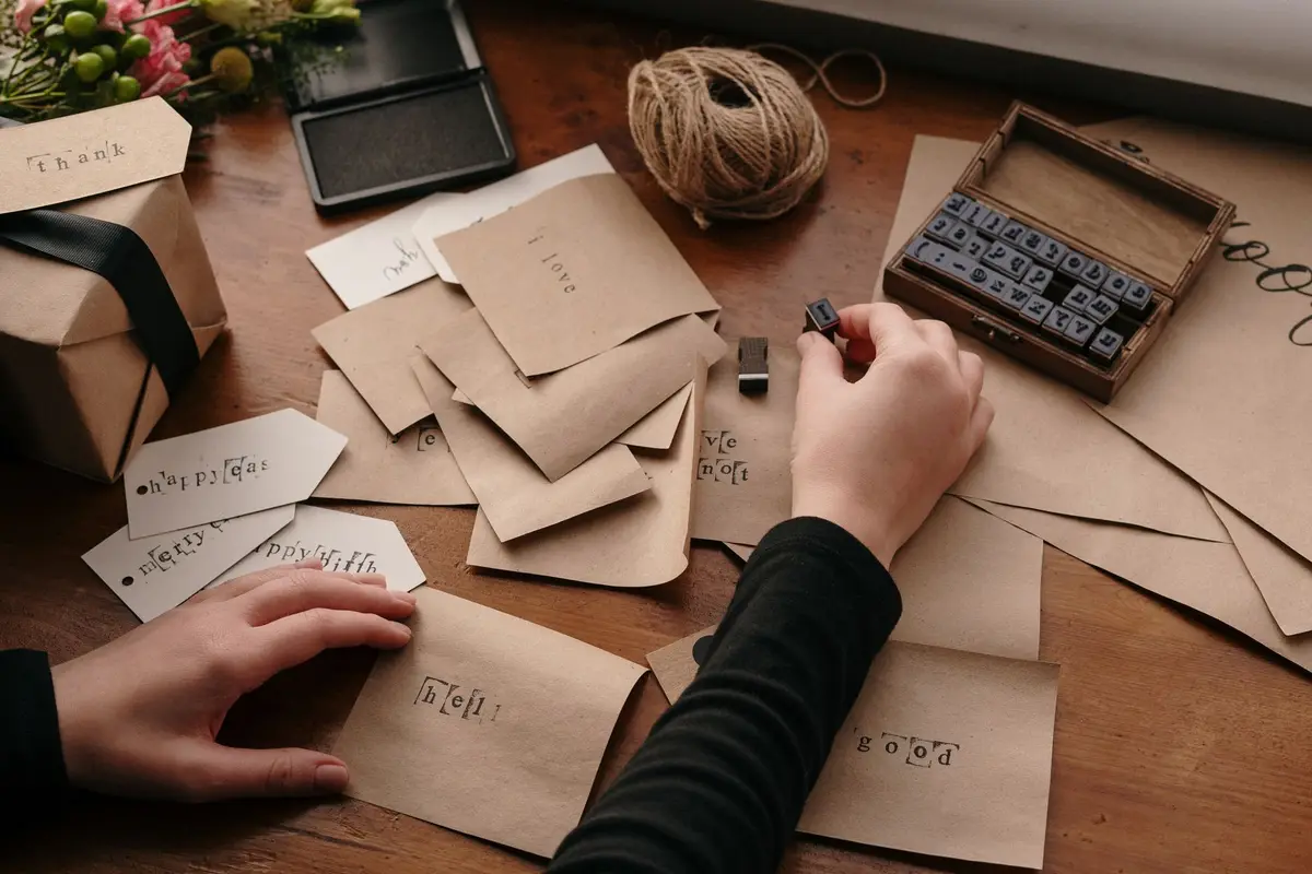 Hands sorting kraft paper envelopes and tags on a wooden desk